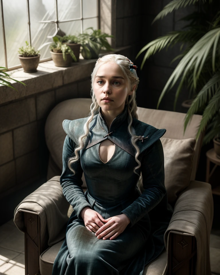 dystopian style masterpiece, high score, great score, absurdres, 1girl, <lora:GOTemiliaClarkeQuiron_v07i02e15t05nr77na77ada_Lora:1> gotemiliaclarkeQuiron, a dark background. Spotlight illumination. Seated on a velvet cushion in a sunlit conservatory, she embraces the serenity of lush greenery, . bleak, post-apocalyptic, somber, dramatic, highly detailed