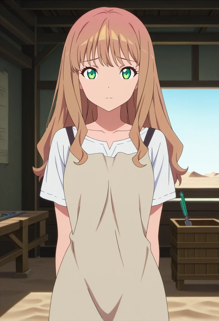 masterpiece, best quality, anime screencap, anime coloring, official style, 1girl, solo, <lora:yume_minami_ilxl:0.98>, yume_minami, brown hair, green eyes, long hair, bangs, desert workshop, sand forges, sun anvils, crafting stations, working pose, focused expression, noon, cowboy shot, looking at viewer,