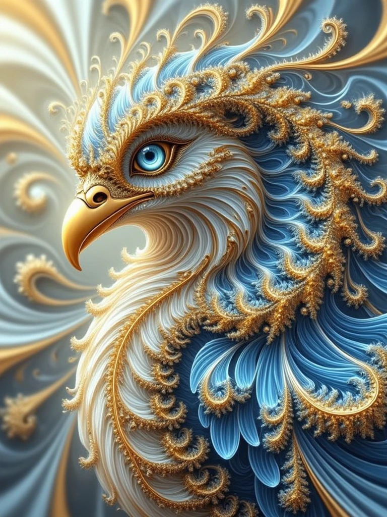 Fractal art,
This is a digital artwork featuring a majestic, mythical bird with a regal presence. The bird has an elegant, symmetrical structure with iridescent blue and gold feathers that shimmer and catch the light. The head is adorned with a crown-like arrangement of feathers, and the bird's piercing blue eyes gaze intensely forward. The background is a soft, ethereal blend of gold and blue hues, creating a dreamlike atmosphere. The feathers are meticulously detailed, showing a texture that appears almost metallic and otherworldly. The style is hyper-realistic with fantasy elements, emphasizing the bird's grandeur and mythical aura.,