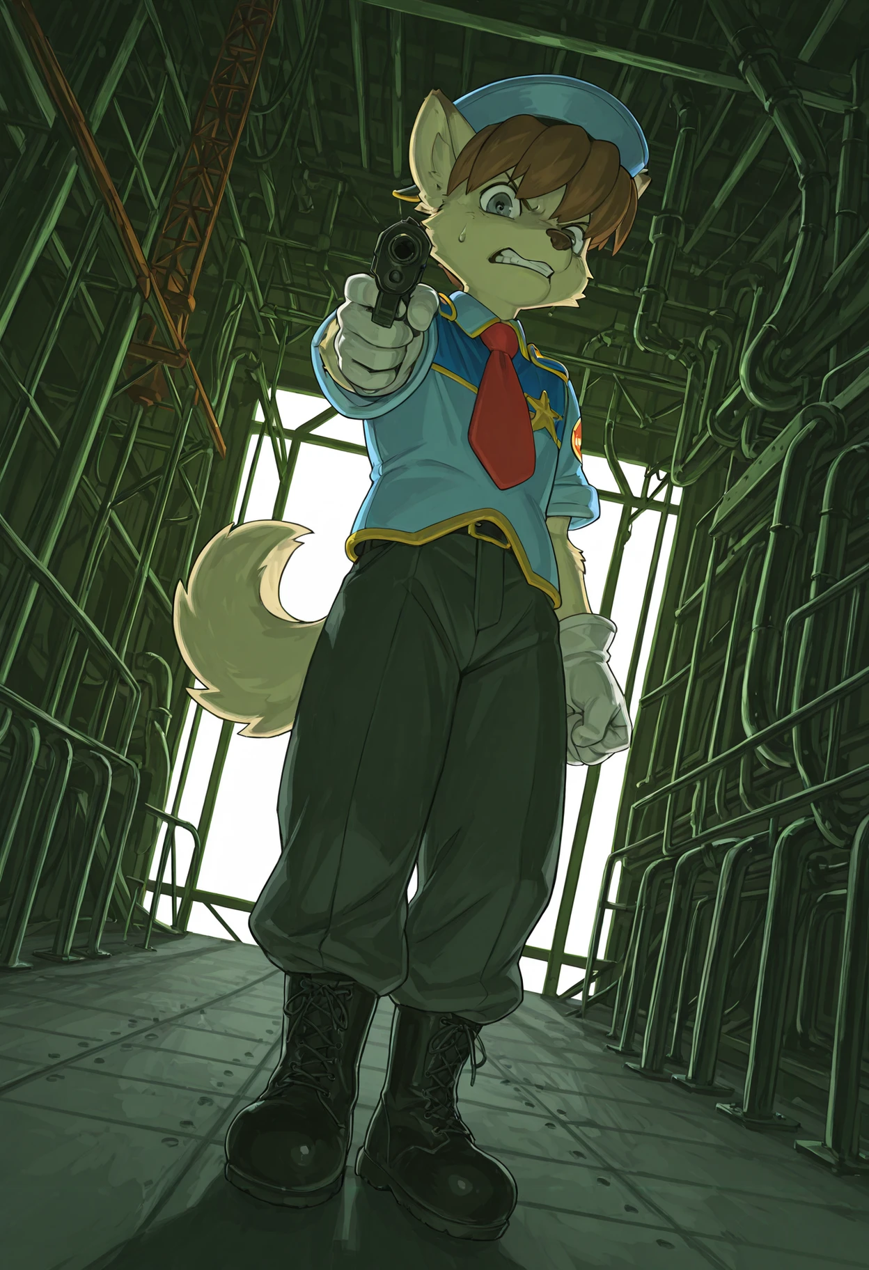 masterpiece, best quality, amazing quality, very aesthetic, high resolution, ultra-detailed, scenery, shihou (g-o-s), waffletc, full body, dutch angle, looking at viewer, perspective, foreshortening, 1boy, solo, furry male, dog boy, grey eyes, (brown hair:0.4), animal ears, animal nose, whiskers, tail, body fur, sweatdrop, police uniform, police hat, boots, gloves, short sleeves, pants, red necktie, badge, angry, furious, clenched teeth, handgun, aiming at viewer, emphasis lines, detailed background, indoors, steel plating, factory, dark, shadow