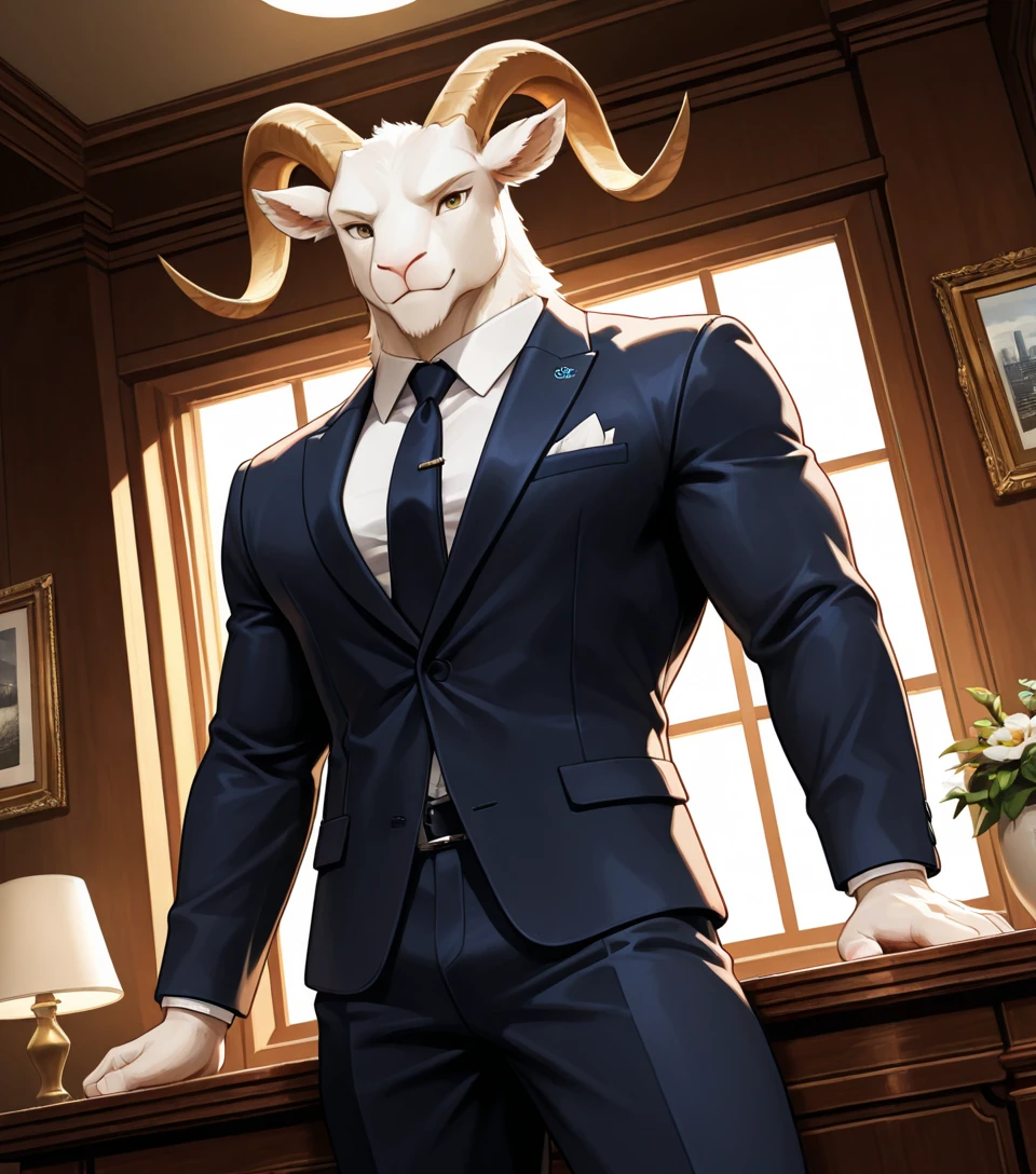 masterpiece, best quality, newest, absurdres, highres, furry, perfect anatomy,
8K, In'ei, chiaroscuro, side lighting, cinematic lighting, cinematic shot, photographic realism, 8K CGI render, absurd details, masterclass CGI render, masterclass screenshot, subsurface reflections, subsurface light, subsurface light scattering,
<lora:Goat_(Illustrious)_(AD):0.85> goat, muscular,
soft detailed anime background, interior, scenery,
dutch angle, perfect proportions, goat headed, ceo, fine high end silk business suit, classy and dignified, scene of the inside of a high end ceo office high above the city skyline within a super tall skyscraper, mahogany desk, modern office, large windows,
EZRealPONYXL, zPDXL,