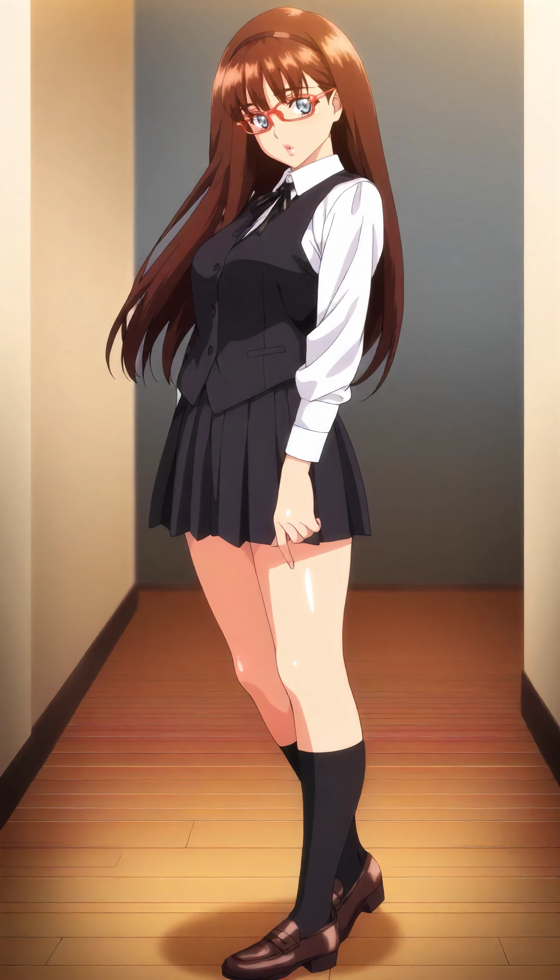 <lora:MnM_kawashima_hitomiXLIllustrious001>,
masterpiece,best quality,good quality,newest,
glitter,
parted lips,
looking at viewer,
solo,
anime coloring,
kawashima_hitomi\(megane_no_megami\),1girl,brown hair,long hair,hair band,blue eyes,pink lips,red-framed_eyewear,
white shirt,collared_shirt,black vest,black ribbon tie,pleated_skirt,black skirt,black socks,
standing,full body,