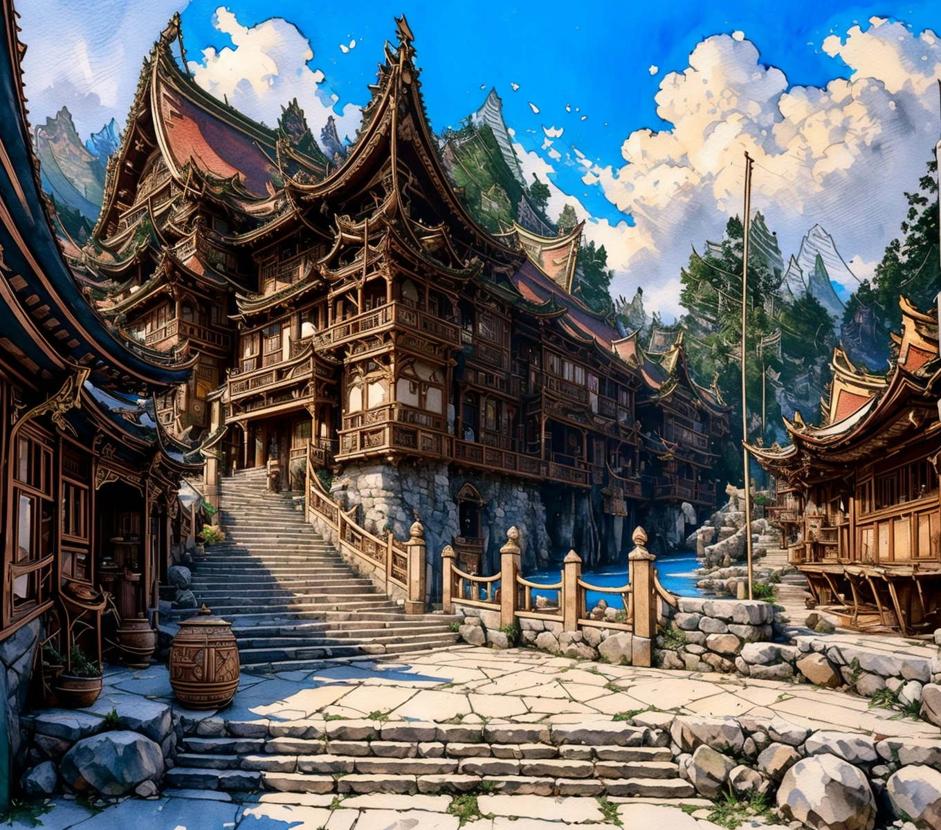 RAW photo, (masterpiece:1.3), subsurface scattering, heavy shadow, (high quality:1.4), (intricate, high detail:1.2), professional photography, HDR, High Dynamic Range, realistic, ultra realistic, photorealistic, high resolution, film photography, ambient lighting, atmospheric effects, <lora:detail_slider_v4:2>, OverallDetail, <lora:HarborAndDocks:1>, barrel, blue sky, boat, bridge, building, cloud, cloudy sky, east asian architecture, flag, hado, multiple others, no humans, outdoors, pier, scenery, ship, sky, stairs, traditional media, tree, water, watercraft