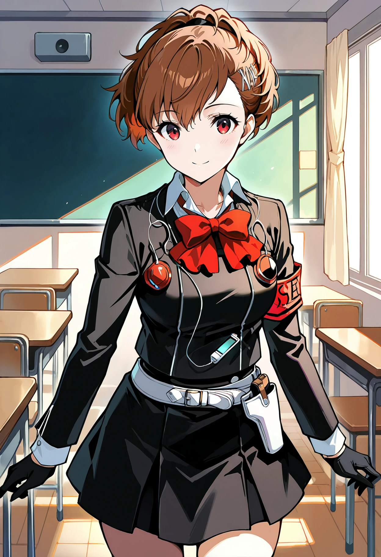 (masterwork, masterpiece, best quality, hyper-detailed :1.1),
1 girl, solo,
p3kotone, ponytail, shiomi kotone, brown hair, short hair, hair ornament, hairclip, headphones, digital media player
p3kotone-sees, gekkoukan high school uniform, armband, skirt, jacket, black jacket, long sleeves, socks, gloves, black gloves, kneehighs, black skirt, red bow, white socks, brown footwear, , holster, white holster, belt, white belt,
classroom, looking at viewer, smile, standing, cowboy shot, thighs