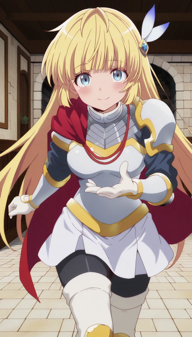 (masterpiece),best quality,amazing quality,very aesthetic,absurdres,newest,perfect body,shiny skin,perfect eyes,detail1eye,well-defined fingers,well-defined fingernails,anime style,indoors,1girl,solo,upper body,(portrait:1.5),looking at viewer,facing viewer,smile,blush,Angelica,ahoge,very long hair,blonde hair,wing hair ornament,feather hair ornament,blunt bangs,blue eyes,shoulder armor,pauldrons,breastplate,red cape,armored dress,elbow gloves,white gloves,medium breasts,black pantyhose,zettai ryouiki,armored boots,thigh boots,white footwear,<lora:Angelica(hnik)-Illus:1.8>,