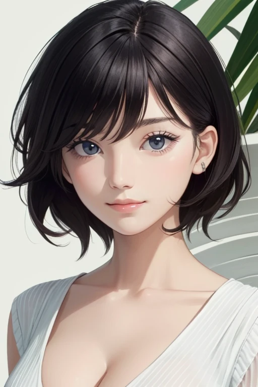 (high quality:1.3), (best quality:1.3), 24 year old, black hair, slight smile, detailed skin face and eyes, natural lighting, short hair, cleavage, natural face, dark circles under eyes, upper body
