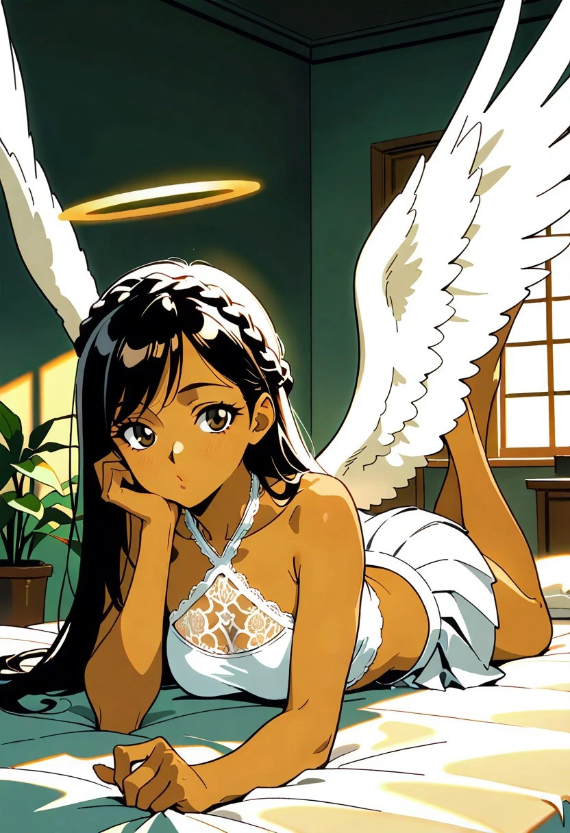rating_explicit,flat colors, masterpiece, best quality, amazing quality, girl, black hair, brown eyes, portrait shot, long hair, straight hair, side swept bangs, medium breasts, perfect eyes, 8k, highest quality, ultra details,1girl, solo, perfect brown eyes
,long hair, crown braid, lying in bed, laying prone on belly, head resting on hand, in a bedroom with a large window, 1girl, brown skin, tan skin, solo, lace underwear, pleated skirt,side swept bangs, medium breasts, long hair, looking at the window, toned midriff, white silk halter cropped top, black hair, golden angel halo, white silk high waisted skirt, large white angel wings, spread wings ,pursed lips, happy, ribbon, lacy skirt, full body shot, collarbone, plant, messy room, from the front, 1990's