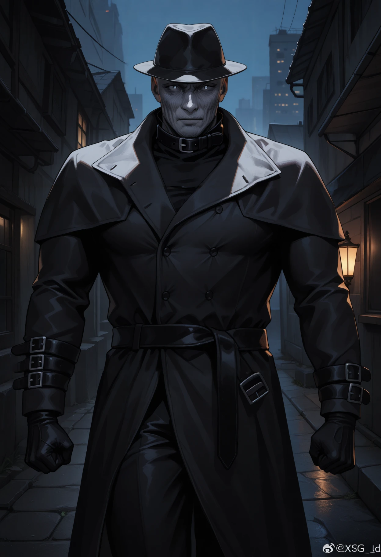 masterpiece, best quality, newest, hdr, dark, night, outdoors, closed mouth, 1boy, solo, xg0g1ty, grey eyes, grey skin, bald, wrinkled skin, black fedora, belt collar, black coat, long coat, buttons, black shirt, arm belt, black gloves, black belt, black pants, leg belt, black footwear, clenched hands, cowboy shot, 
<lora:Mr. x Illustrious:1>