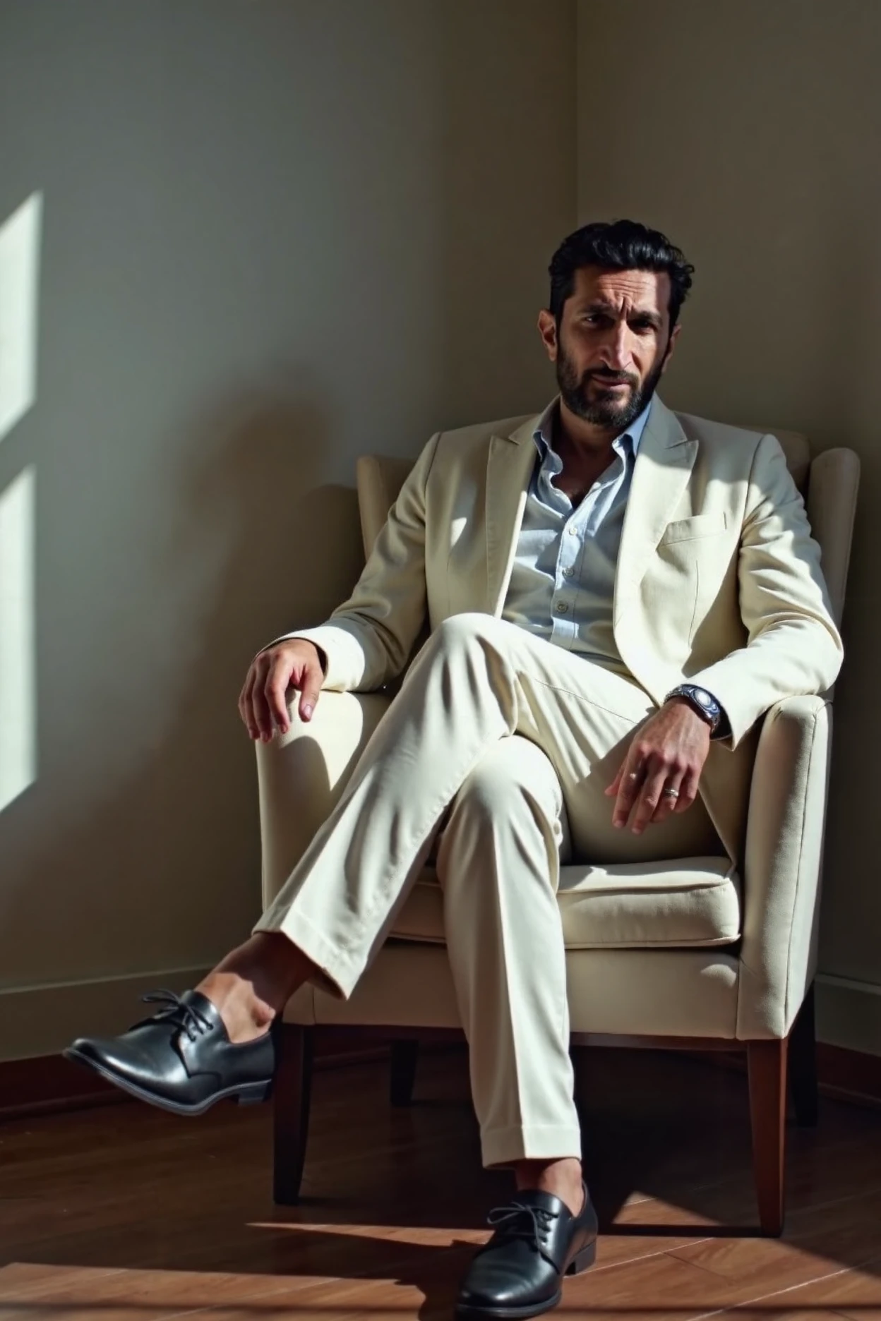 Fares Fares in a white suit sitting on a chair with his feet up and his legs crossed in front of him, full body shot, age:40, far away shot, bright room with contrast shadows
ð¯
<lora:flux\my\Fares\Fares Fares Flux v1.safetensors:1.0:1.0><lora:flux\my\Fares\Fares Fares Flux v1.safetensors:1.37:1.37>
ð[LoRas Used]:  Fares Fares Flux v1
ð[Additional LoRas for upscaling]: Fares Fares Flux v1,