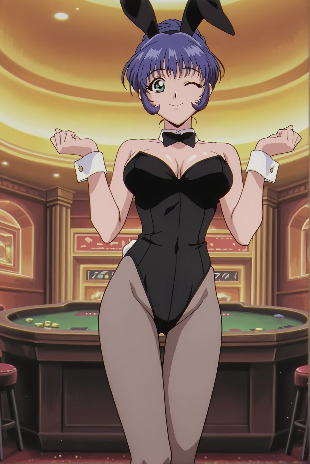 FV, 1girl, solo, portrait, looking at viewer, smile, strapless leotard, rabbit ears, wrist cuffs, bowtie, rabbit tail, legs crossed, (casino theme, casino chips, casino tables), sitting, arms behind head, perfect quality, good quality, masterpiece, HDR, UHD <lora:Faye Valentine:0.7>