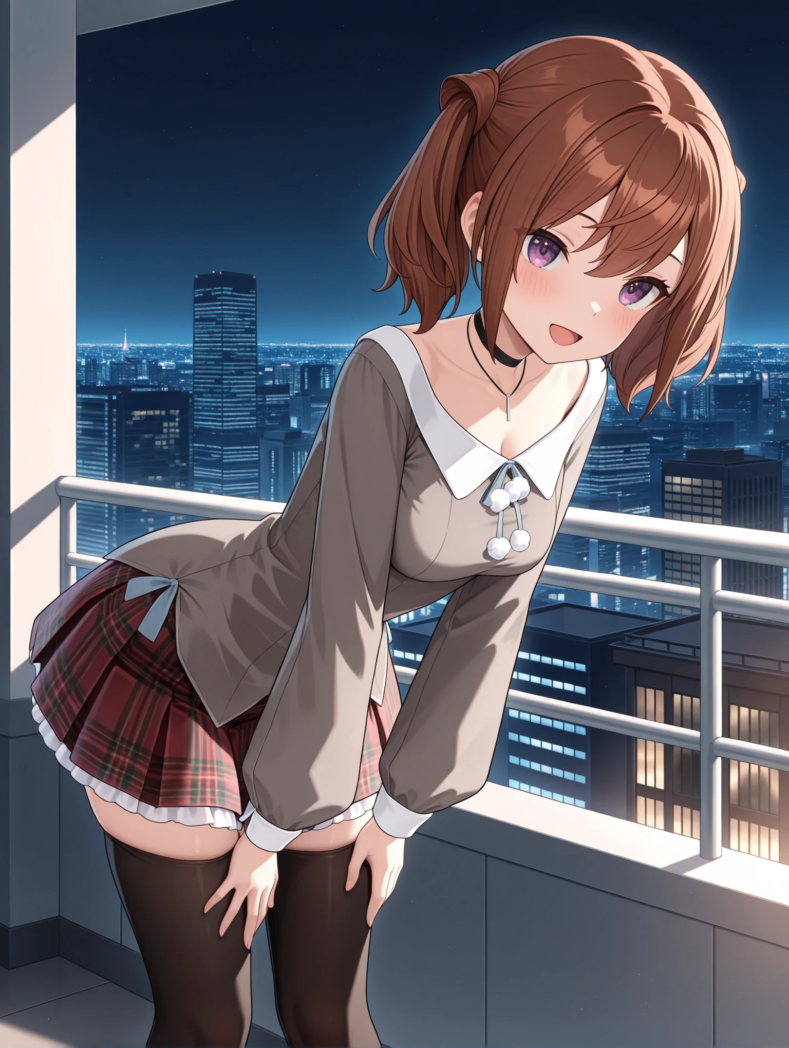 masterpiece,best quality,newest,1girl,solo,
<lora:kimi_kage_yui_ilxl_v1.1:1>,yui,brown hair,purple eyes,Vibre,red plaid skirt,black_thighhighs,
<lora:Fixhands_anime_bdsqlsz_V1:1>,city,cityscape,downtown,full_shot,light_blush,:d,wide_shot,night,hands on own legs,