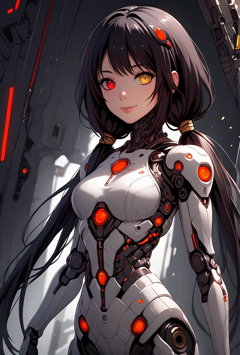 anime, score_9, score_9_up, source_anime, <lora:Kurumi_Tokisaki:0.7> black hair, red eye, long hair, yellow eye, heterochromia, 1girl, solo, twintails, smile, closed mouth, <lora:SemiRobo:1> semirobo, science fiction, lips, cable, robot joints, android, robot, bodysuit, glowing, mechanical parts, standing, fullbody, <lora:Expressive_H:1.25> expressiveh