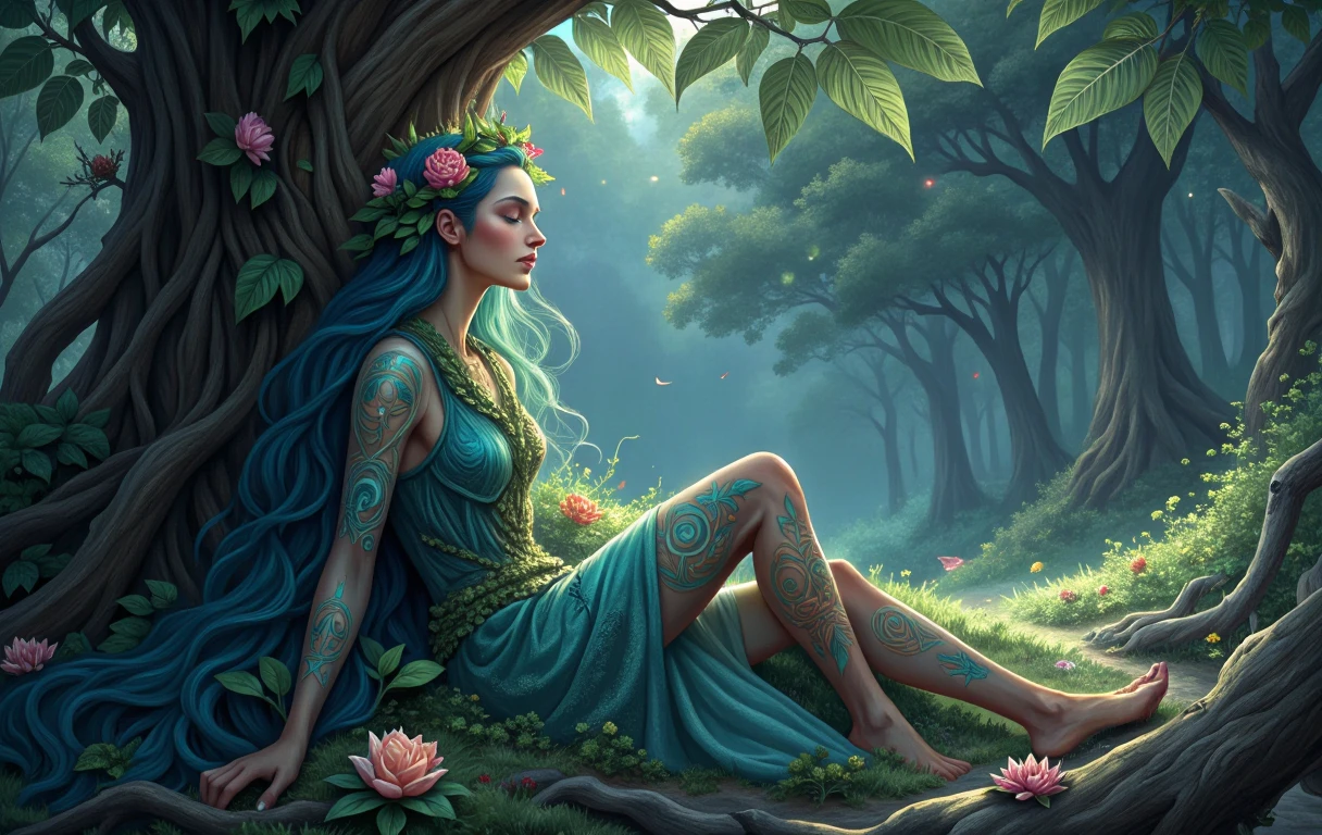 1llustr4t10n. This is a vibrant, fantastical digital artwork featuring a serene, ethereal scene. The artwork is in a detailed, high-definition, fantasy style with a mix of natural and mystical elements. The central figure is a woman with an elongated, ethereal body and long, flowing hair adorned with flowers, sitting against a gnarled tree trunk in a mystical forest. Her skin is painted with intricate, swirling patterns that blend seamlessly with the foliage, making her appear part of the natural world. She has a serene, almost meditative expression, with closed eyes and a gentle smile.
The woman’s outfit is a flowing, intricate garment that matches the colors and patterns of the forest, with leaves and vines integrated into her design.