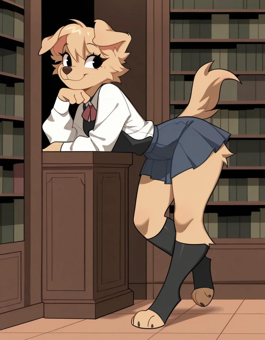masterpiece, best quality,
indoors,library, full body,smile,long eyelashes, school uniform,kneehighs,
<lora:Bherri_v01_ILXXL:1>,
Bherri,1girl,solo,furry female,dog girl,dog ears,dog tail,short hair,blonde hair,bangs,body fur,brown fur,two-tone fur,animal nose,black eyes,