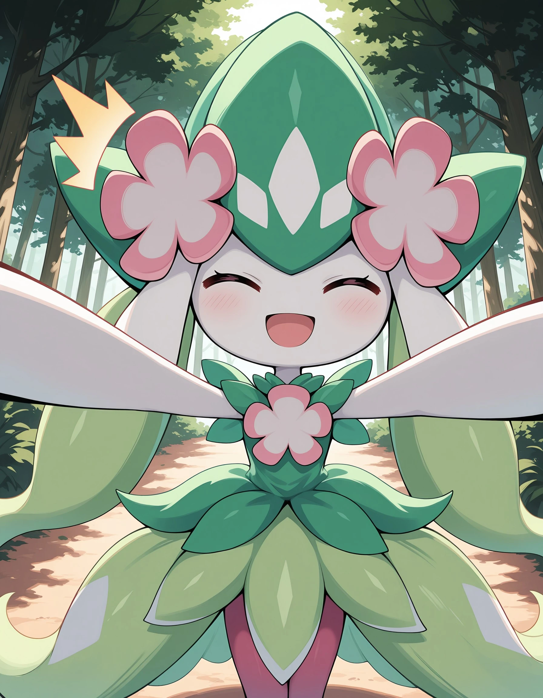 masterpiece, best quality, amazing quality, very detailed, newest, no humans, score_9, score_8_up, score_7_up, petallia, pink flowers, pink eyes, pokemon \(creature\), (solo), flowers, nature, forest, pink tights, smile, open mouth, closed eyes, :D, ^^, pov, arms out, floating, <lora:0b10d707-4438-47ea-adf6-c27118cb18d0:0.9>