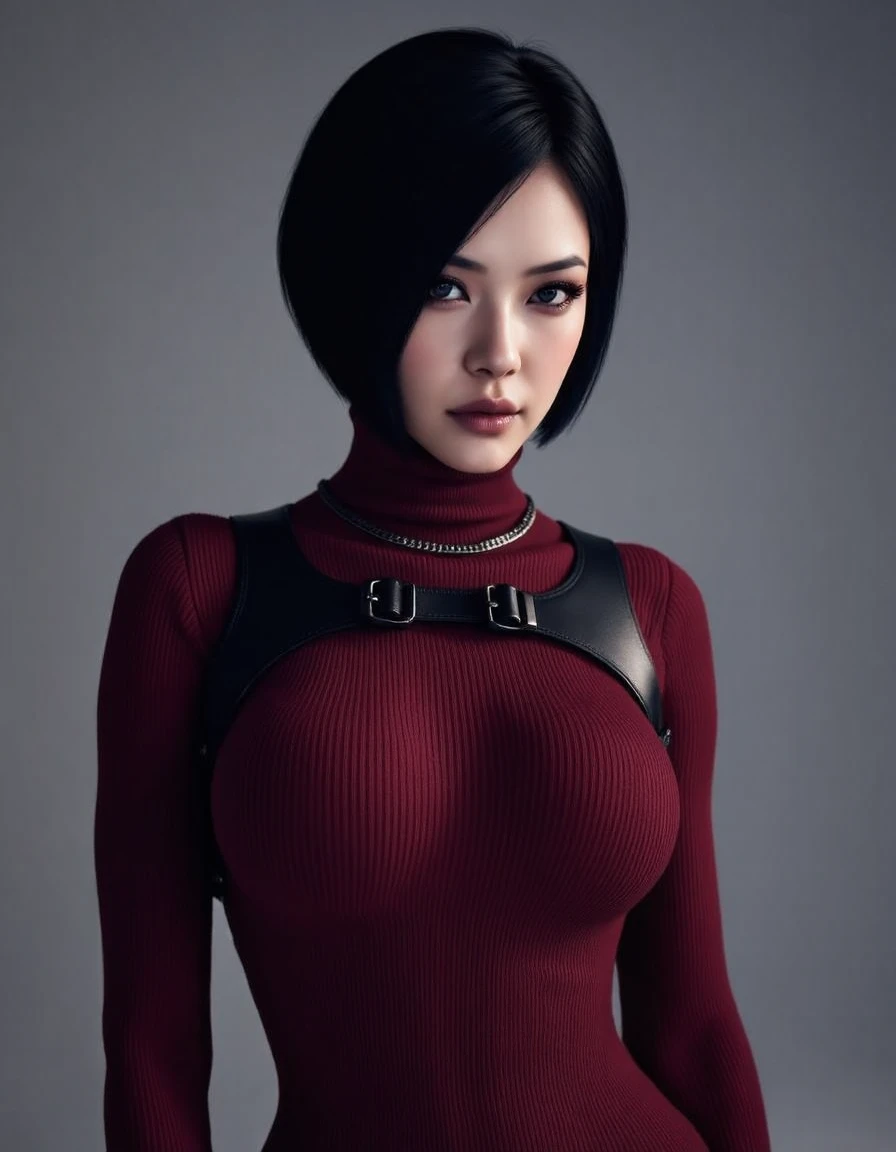 a beautiful female <lora:ada-wong-v1:1>, She wears a form-fitting, dark red knitted dress, with a harness across her chest, thigh high socks, large breasts, Asian, black high heels and a simple necklace. Her hair is styled in a sleek bob, and she wears minimal makeup. Captured with a Sony A7R IV camera and a 50mm f/1.2 G Master lens, a beauty editorial shoot, this composition highlights her fashion-forward aesthetic. Inspired by avant-garde fashion photography from Sølve Sundsbø, this image blends contemporary fashion and minimalist elegance, high-fashion vision. skin details, highly detailed,