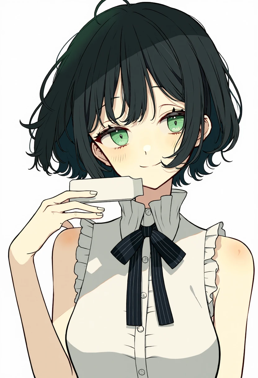 clean soft color digital illustration of young person with a distinctive anime style. The subject is a slender individual with short, tousled black hair and expressive green eyes. They have a light skin tone and a delicate, youthful appearance. Their facial expression is confident and slightly playful, with a subtle smirk.
The person is dressed in a white sleeveless top, featuring a high collar and a black ribbon tied at the neck, adding a touch of elegance to their attire. They are holding a small, white, rectangular object with their right hand, which is positioned near their face, suggesting a casual, possibly teasing manner.
The background is a clean, white space, providing a stark contrast that emphasizes the subject. The drawing style includes smooth lines and subtle shading, giving the image depth and a sense of realism despite its stylized nature. The overall color palette is soft and pastel, contributing to the calm and inviting atmosphere of the piece.