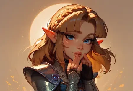 score_9, score_8_up, score_7_up, score_6_up, 1girl, solo,zelda (tears of the kingdom), zelda wearing shiny knight armor,knight armor, cute freckled face, cute round face, thin waist, sexy legs, short, lidded eyes, steamy, golden hour lighting, warm lighting, good lighting, looking at viewer, cute pose, dynamic pose