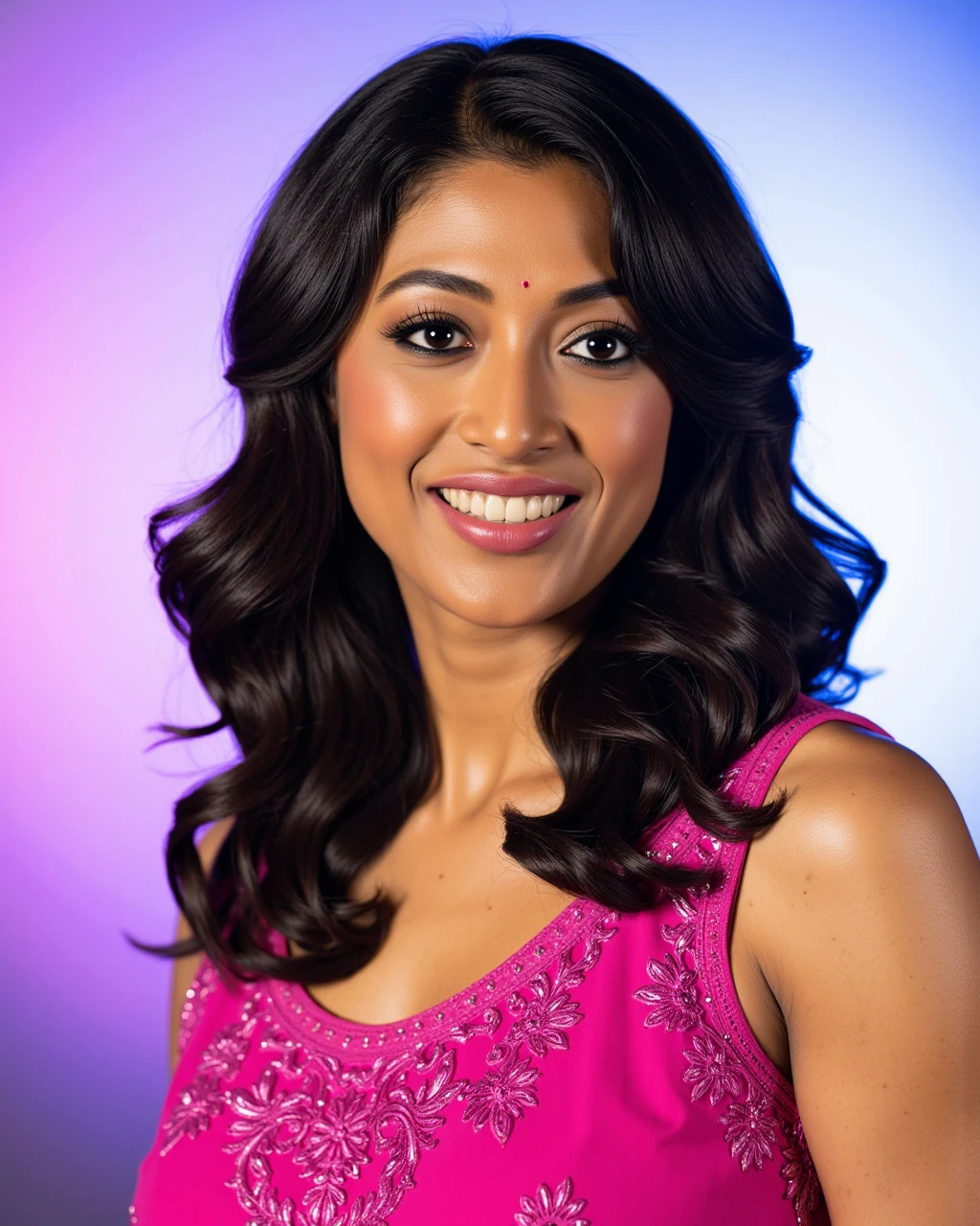 headshot photo of Paoli Dam woman,candid photo with natural colors, smiling expression on face,studio quality, wearing intricate elegant conservative sleeveless Magenta Salwar Kameez, curls, pastel shaded multicolored background, cinematic soft lighting<lora:TestBed\Paoli_Dam_Flux_Kohya_V1b-000004.safetensors:0.8:0.8>