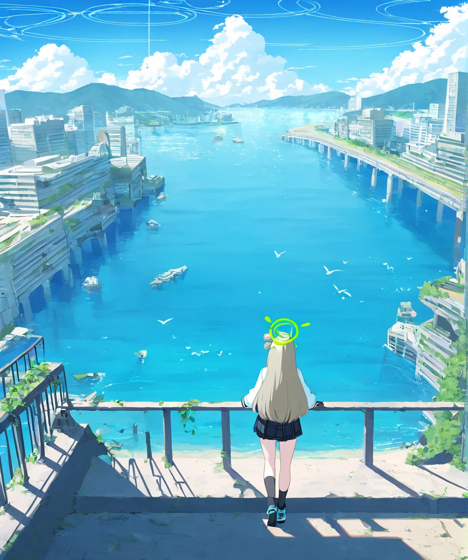 1girl,nonomi \(blue archive\),post-apocalypse,ivy,beach, bird, blue sky, boat, bridge, building, city, cloud, cloudy sky, day, facing away, from behind, horizon, lake, mountain, mountainous horizon, ocean, outdoors, railing, river, road, scenery,,masterpiece, best quality, very aesthetic, absurdres, <lora:Submerged ruins-NAI:0.8>,