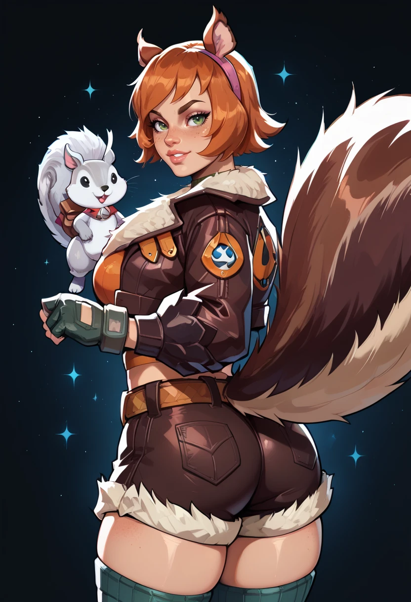 ((score_9, score_8_up, score_7_up, score_6_up, score_5_up, score_4_up)), BREAK, ((source_Western_Comics)), BREAK, ((Masterpiece, Best Quality, Highly Detailed, 3/4 shot, Detailed Background)), BREAK, ((Large Breasts, Wide Hips, Big Ass)), BREAK, ((Sexy Pose, Action Pose, Dynamic Pose)), BREAK, ((1girl)), <lora:Marvel_Rivals_-_Squirrel_Girl:1> squirrel girl, squirrel ears, large squirrel tail, short hair, red hair, ((freckles:1)), green eyes, cropped jacket, fur trim, finger-less gloves, midriff, shorts, thigh-highs, rear view, back towards viewer, ass focus, looking over shoulder,