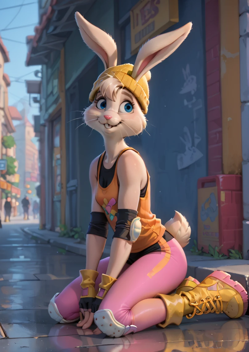 1girl, solo,
score_6, score_7, score_8, score_9, masterpiece, best quality, highly detailed,
<lora:Gert_-_Stay_Alert_Stay_Safe:1>, anthro bunny, blue eyes, whiskers, bangs, protective pads, orange tanktop, pink leggings, black undershirt, yellow beanie, yellow boots,