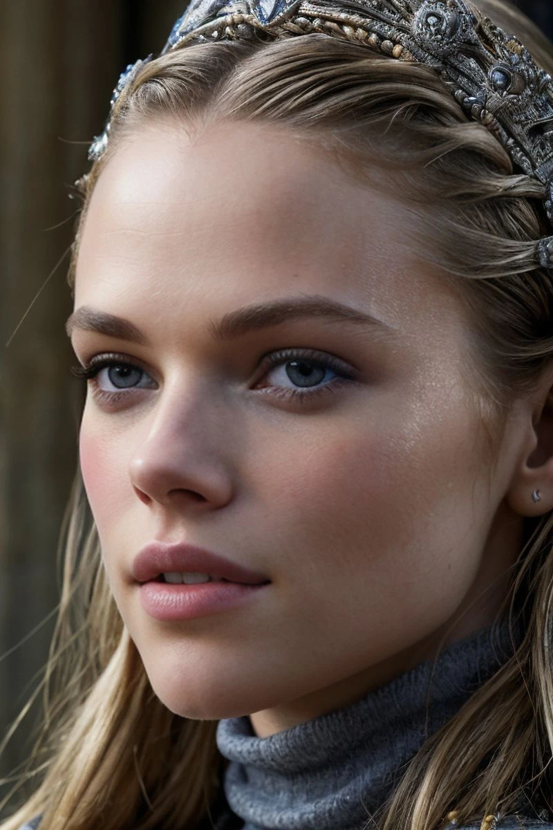 closeup headshot of S674_GabriellaWilde,a beautiful woman,in a (castle),wearing a (turtleneck),(crown),(RAW photo, best quality, 50mm, depth of field, ultra high res, intricate, photorealistic, cinematic-shot, masterpiece, ultra-detailed),