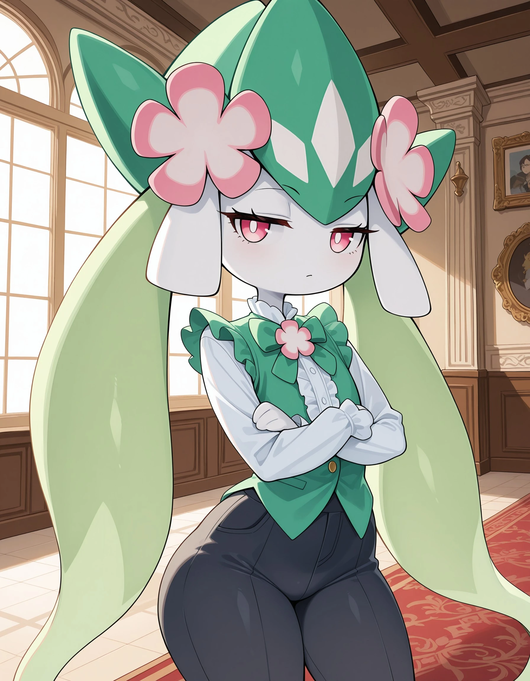 masterpiece, best quality, amazing quality, very detailed, newest, no humans, petallia, pokemon \(creature\), (solo), 1boy, male, girly, femboy, girly, femboy, anthro, pink eyes, pink flowers, eyelashes, half-closed eyes, bored, looking to the side, looking at viewer, snobby, elegant, frilled shirt, pants, bowtie, rich, luxury, gold, mansion, crossed arms, wide hips, vest, no nose, <lora:0b10d707-4438-47ea-adf6-c27118cb18d0:0.9>