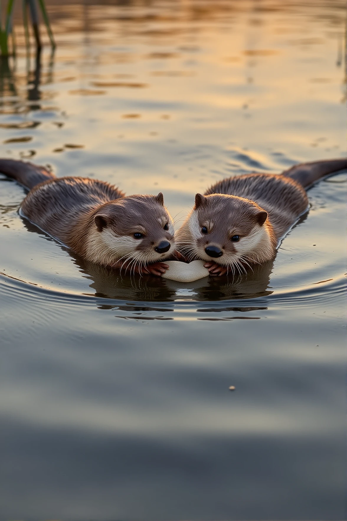 Two tiny otters float on their backs in a tranquil river, their paws clasped together as they cradle a heart-shaped pebble. The soft ripples of the water reflect the hues of the setting sun, casting a golden glow around them. A gentle breeze stirs the reeds, making them flutter in the fading light.
<lora:paws-and-hearts-flux:1>