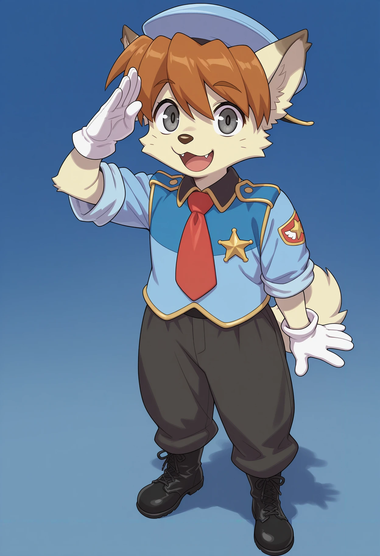 masterpiece, best quality, amazing quality, yuuki nobuteru, waffletc, full body, looking at viewer, 1boy, furry male, dog boy, grey eyes, animal ears, animal nose, whiskers, tail, body fur, police uniform, police hat, boots, gloves, short sleeves, pants, red necktie, badge, open mouth, :d, :3, fangs, salute, blue background, gradient background