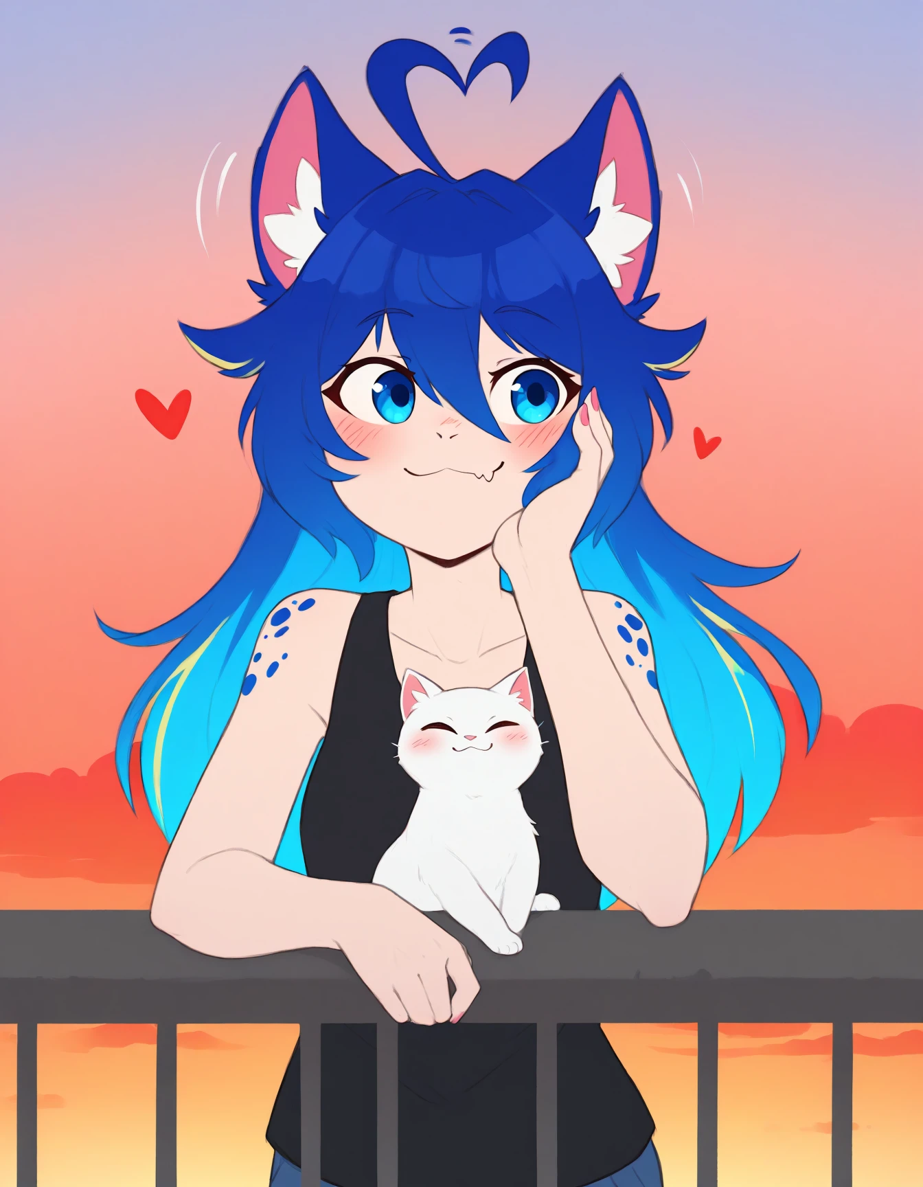 simple_background, white_background, head only, headshot, 1girl,
flat colors, amazing quality, solo, cat girl, blonde, blue eyes, heart ahoge, cat ears, upper body, long hair, looking afar, head rest, small breasts animal ears, tank top, balcony, red sky, outdoors, animal ears, black tank top, fang out, white cat, sleeveless shirt, twilight, railing, sky, fingernails, closed mouth, multicolored hair, skin fang, :3, heart, breasts, hand up, cloud, bare shoulders, sidelocks, smile, elbow rest, sleeveless, animal ear fluff, ahoge wag, pink nails, shirt, blush, ahoge, cloudy sky, streaked hair, pink hair, fang, blue hair, hair between eye, arm rest, virtual youtuber, flat color, straight-on, reaching,
lost, , arms above head, Eye-level angle view medium Close shot (focus on legs:1.1), rule of thirds, young small, and very cute. Her fingernails are painted pink and she has sidelocks framing her face. The cat looks up at the girl with its eyes closed and tongue out, seemingly enjoying the moment. The sky is filled with clouds in shades of orange and pink from the sunset. She has a slender build with small breasts, long hair that falls between her eyes, and cat ears on her head. In front of the girl's legs, a white cat with blue spots named Tsukiyama Mitsuki is sitting on the balcony railing. The girl appears to be in a relaxed state, leaning forward slightly as she observes the feline., solo, mecha, humanoid robot, retroanimu, solo, science fiction, traditional_media, huflv, embedding:IllusP0s, masterpiece, best quality, amazing quality, very aesthetic, absurdres, newest, <lora:HuffsLove:0.9>