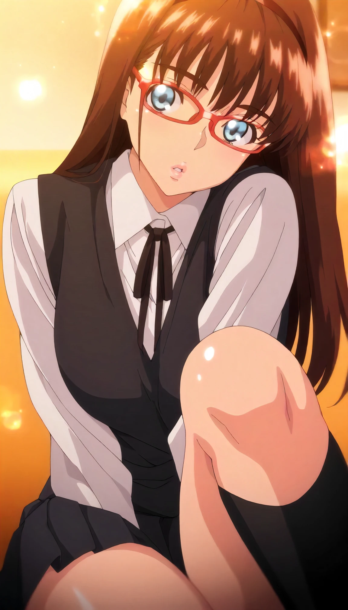 <lora:MnM_kawashima_hitomiXLIllustrious001>,
masterpiece,best quality,good quality,newest,
glitter,
parted lips,
looking at viewer,
solo,
anime coloring,
kawashima_hitomi\(megane_no_megami\),1girl,brown hair,long hair,hair band,blue eyes,pink lips,red-framed_eyewear,
white shirt,collared_shirt,black vest,black ribbon tie,pleated_skirt,black skirt,black socks,