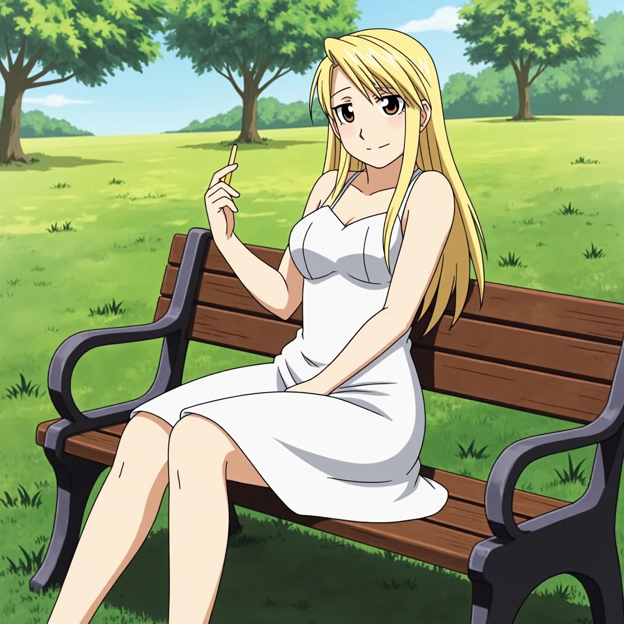 Anime scene of a woman sitting on a wooden bench in a scenic park. Trees can be seen in the background. The woman has long blonde hair. She is wearing a white dress. She is looking at the viewer with a warm smile. The image is highly artistic. Masterpiece.