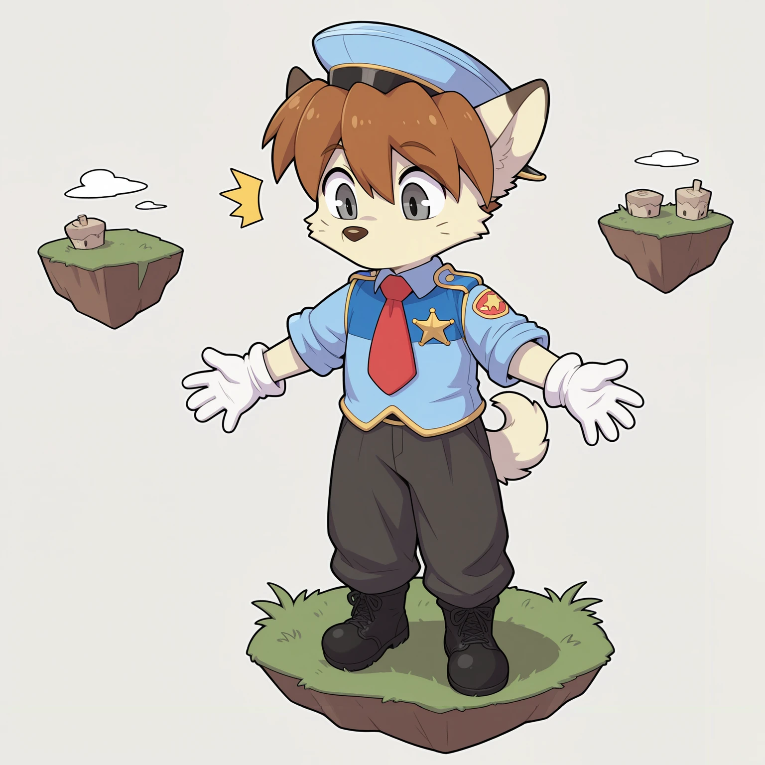 masterpiece, best quality, amazing quality, floating island, grass, (chibi:1.1), waffletc, 1boy, solo, full body, standing, furry male, dog boy, police uniform, police hat, gloves, short sleeves, badge, animal nose, animal ears, grey eyes, detailed eyes, body fur, whiskers, (brown hair:0.4), no mouth, looking down, outstretched arms, tail, red necktie, pants, boots, ^^^, grey background, simple background