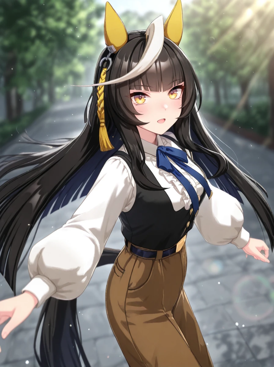 masterpiece, best quality, absurdres,ultra detailed hair,floating hair,
calstone light o\(umamusume\), 1girl, horse ears, horse tail, looking at viewer, cream beige collared shirt, brown footwear, black vest, puffy long sleeves, blush, yellow ear covers, casual, black belt, high-waist brown pants, blue neck ribbon, tassel hair ornament, black socks
open mouth, big smile,
cowboy shot,
light rays,lens flare,light particles,outdoors,motion blur, blur
<lora:ILL_calstone_light_o_ver1.0:1.0>