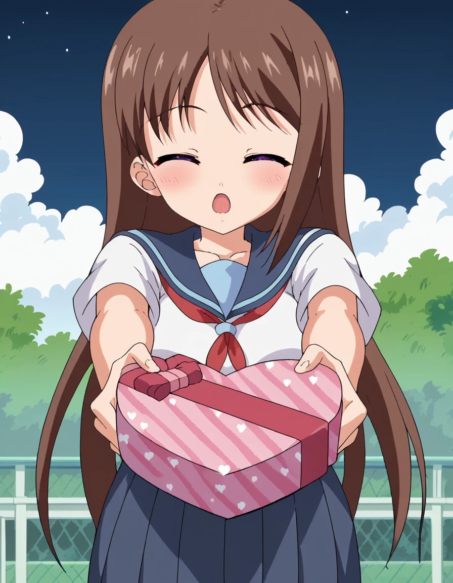 score_9, score_8_up, score_7_up, source_anime, <lora:marina-akizuki-ponyxl-lora-nochekaiser:1> marina akizuki, long hair, brown hair, purple eyes, large breasts, anime screencap, <lora:heart-shaped-box-ponyxl-lora-nochekaiser:1>, heart-shaped box, holding, box, gift, valentine, incoming gift, closed eyes, blush, open mouth, outstretched arms, outdoors, night sky, clouds, shouting, classroom, serafuku, school uniform, white shirt, blue sailor collar, blue skirt, pleated skirt, short sleeves, neckerchief, red neckerchief,