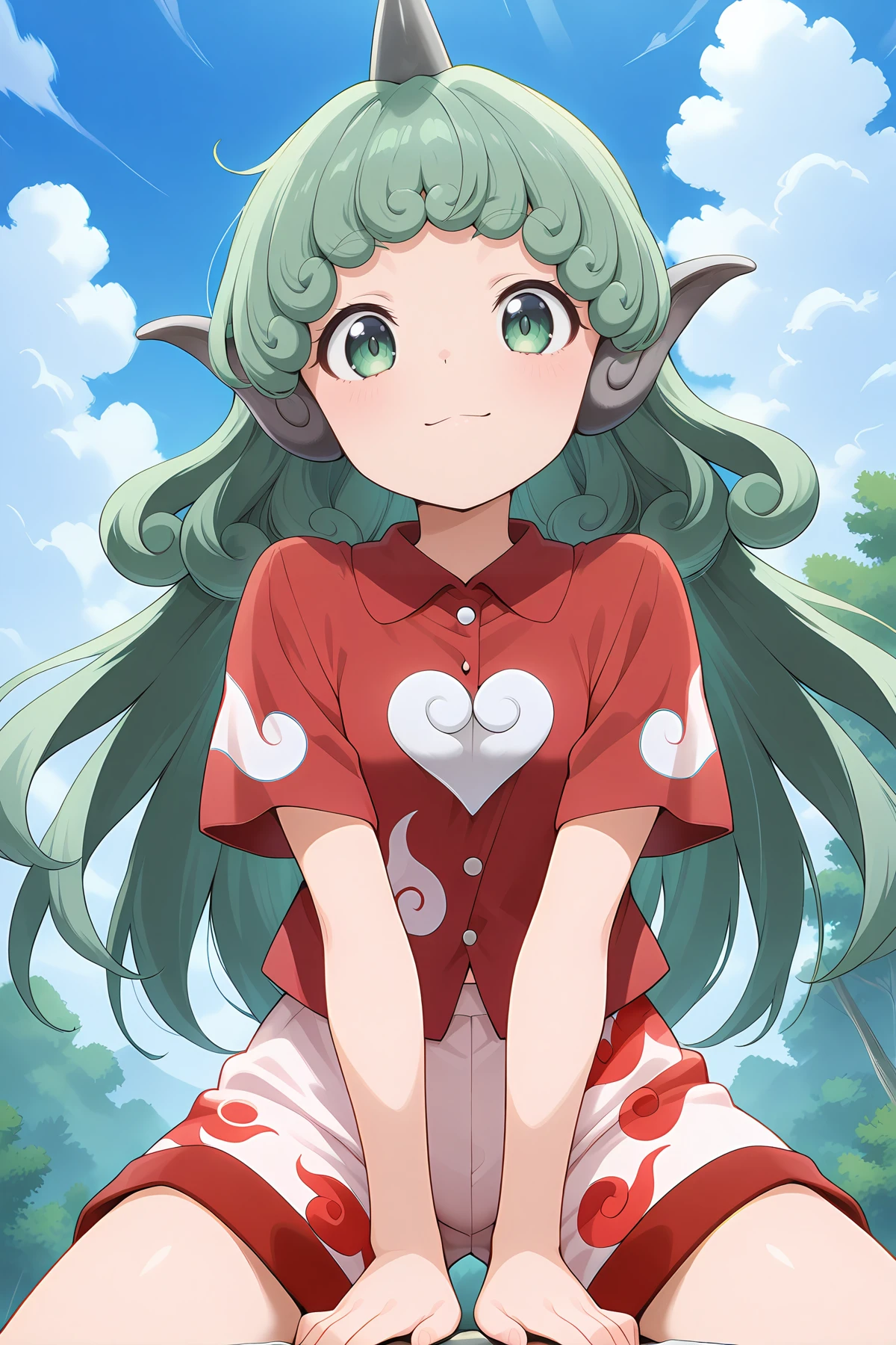 absurdres, highres, masterpiece, best quality, amazing quality, official anime artwork, screencap, anime screencap, outdoors, looking at viewer, light smile, dynamic pose,
<lora:Aunn-Komano_Illustrious:1> komano aunn, 1girl, solo, green eyes, green hair, curly hair, komainu ears, long hair, single horn,, red shirt, red shorts, cloud print,