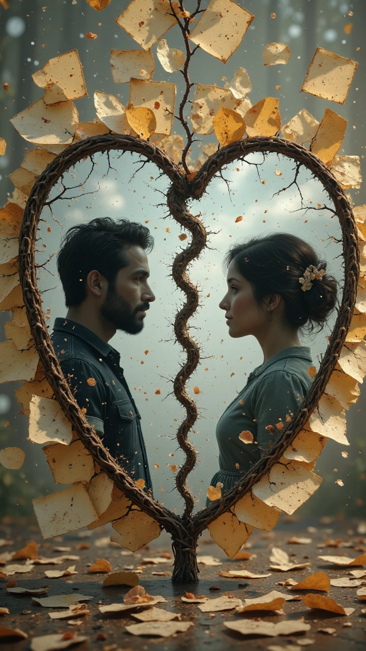A cracked heart-shaped mirror reflecting two versions of the same personâone hopeful, the other shattered. The background is filled with blurred, faded love letters torn apart and scattered on the floor. , aidmaLOVEboost