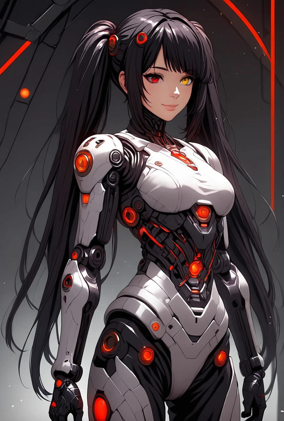 anime, score_9, score_9_up, source_anime, <lora:Kurumi_Tokisaki:0.7> black hair, red eye, long hair, yellow eye, heterochromia, 1girl, solo, twintails, smile, closed mouth, <lora:SemiRobo:1> semirobo, science fiction, lips, cable, robot joints, android, robot, bodysuit, glowing, mechanical parts, standing, fullbody, <lora:Expressive_H:1.25> expressiveh