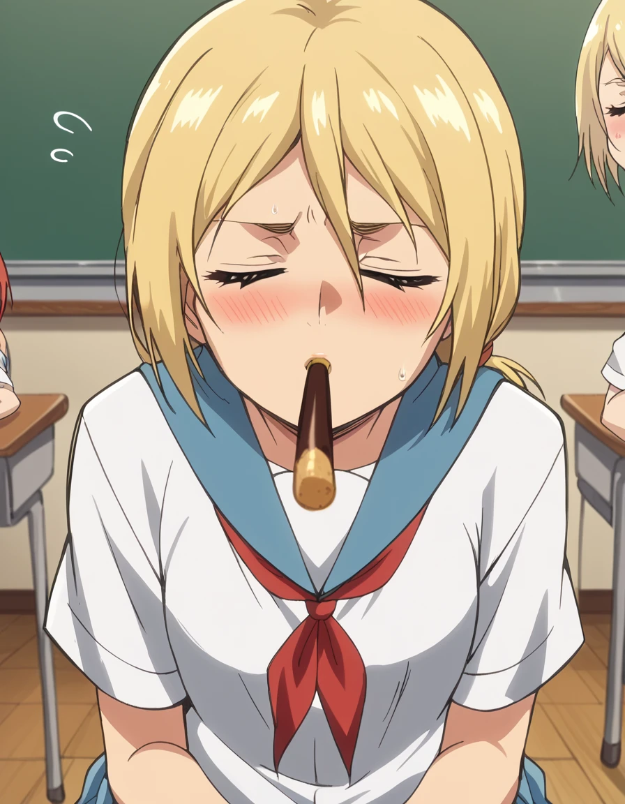 score_9, score_8_up, score_7_up, source_anime, <lora:krista-lenz-s1-ponyxl-lora-nochekaiser:1>, krista lenz, long hair, blonde hair, ponytail, low-tied ponytail, mature female, small breasts, anime screencap, <lora:incoming-pocky-kiss-ponyxl-lora-nochekaiser:1>, incoming pocky kiss, looking at viewer, blush, food, mouth hold, flying sweatdrops, pocky, closed eyes, foreshortening, classroom, serafuku, school uniform, white shirt, blue sailor collar, blue skirt, pleated skirt, short sleeves, neckerchief, red neckerchief,