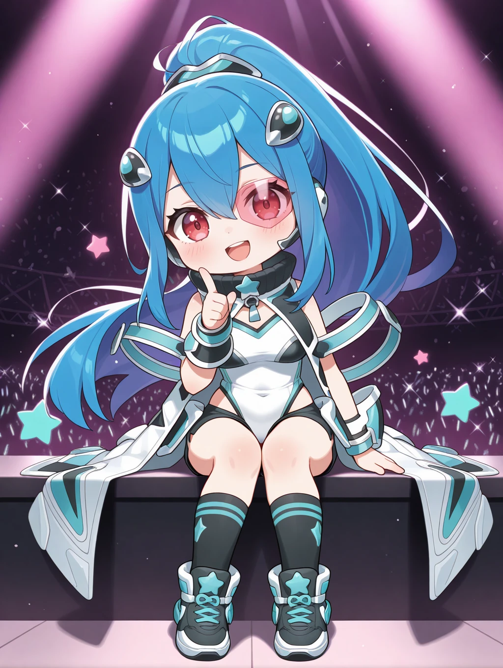 1girl, solo, open mouth, looking at viewer, ponytail, sitting, chibi, smile, blush, full body, concert, black shorts, black socks, black sneakers, white highleg leotard, tinted eyewear, argostars - glorious adra, white coat, black hair ornament, black hairset, white wrist guards, star \(symbol\), index finger raised, one eye covered
masterpiece,best quality,amazing quality,very aesthetic,absurdres,newest,<lora:Argostars - Glorious Adra illuXL v1:0.7>,