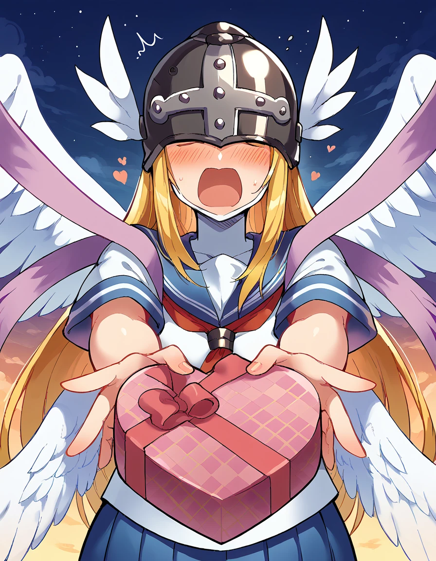 score_9, score_8_up, score_7_up, source_anime, <lora:angewomon-ponyxl-lora-nochekaiser:1>, angewomon, blonde hair, covered eyes, long hair, angel wings, head wings, helmet, wings, large breasts,, <lora:heart-shaped-box-ponyxl-lora-nochekaiser:1>, heart-shaped box, holding, box, gift, valentine, incoming gift, closed eyes, blush, open mouth, outstretched arms, outdoors, night sky, clouds, shouting, classroom, serafuku, school uniform, white shirt, blue sailor collar, blue skirt, pleated skirt, short sleeves, neckerchief, red neckerchief,