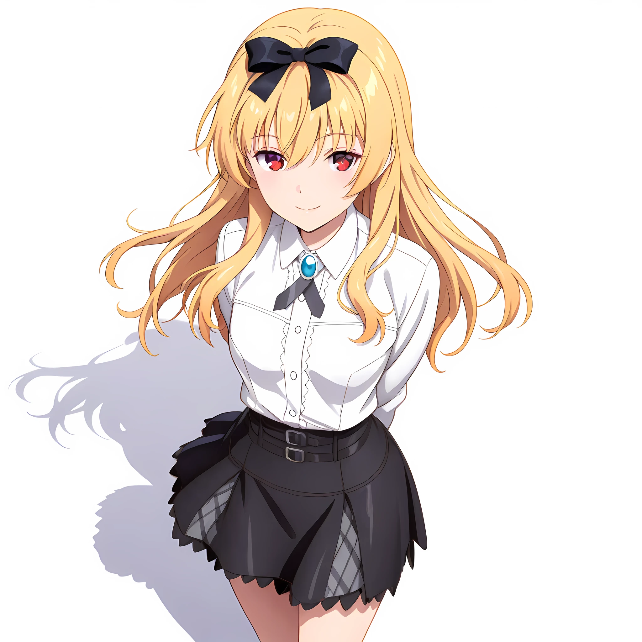 yue(arifureta), defoutfit, 1girl, blonde hair, solo, long hair, red eyes, shirt, looking at viewer, skirt, bow, white shirt, white background, simple background, bangs, hair bow, smile,  <lora:Yue-Arifureta-IllustXL:1>, (masterpiece),(best quality),(ultra-detailed),(best illustration),(best shadow),(absurdres),(detailed background),(very aesthetic),