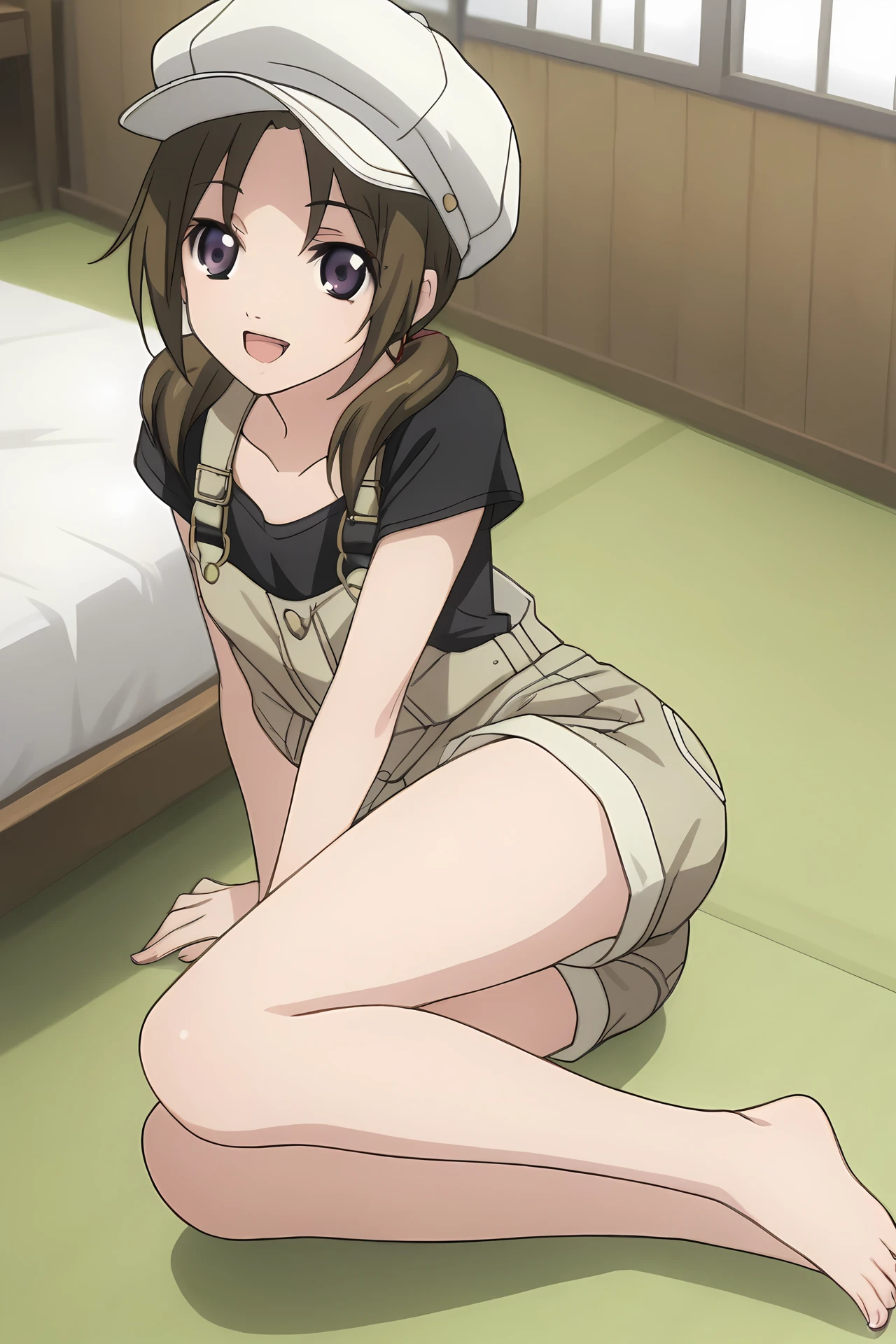 (short overalls black shirt:1.50), cpc-ichika, brown hair, short hair, low twintails, parted bangs, purple eyes,
1girl, solo, skinny, (source_anime, score_9, score_8_up, score_8, score_7_up), score_7, score_6_up, score_6, score_5_up, score_5,
(happy:1.40),
(bedroom:1.10),
(:1.60), (feet:1.20),
cabbie hat,
medium breasts
<lora:cpc-ichika-V02:0.80>