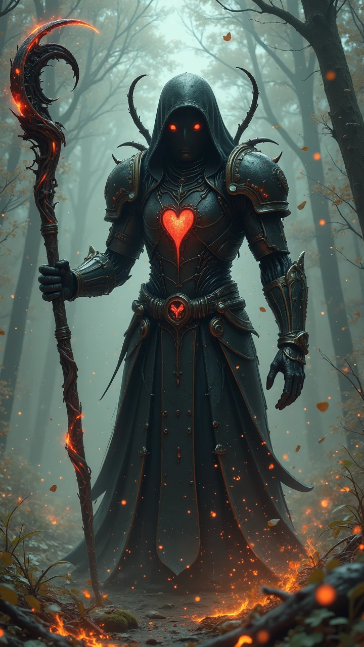 A LOVE warlock draped in an eldritch exoskeleton, his armor formed from the fused bones of long-dead celestial beings, pulsating with eerie red veins of necrotic energy. His weapon, a sentient obsidian glaive, twists and reshapes in his grasp, its blade whispering forbidden secrets that drive mortals to madness. Each time he swings, the air warps, as if reality itself recoils from his cursed presence , aidmaLOVEboost