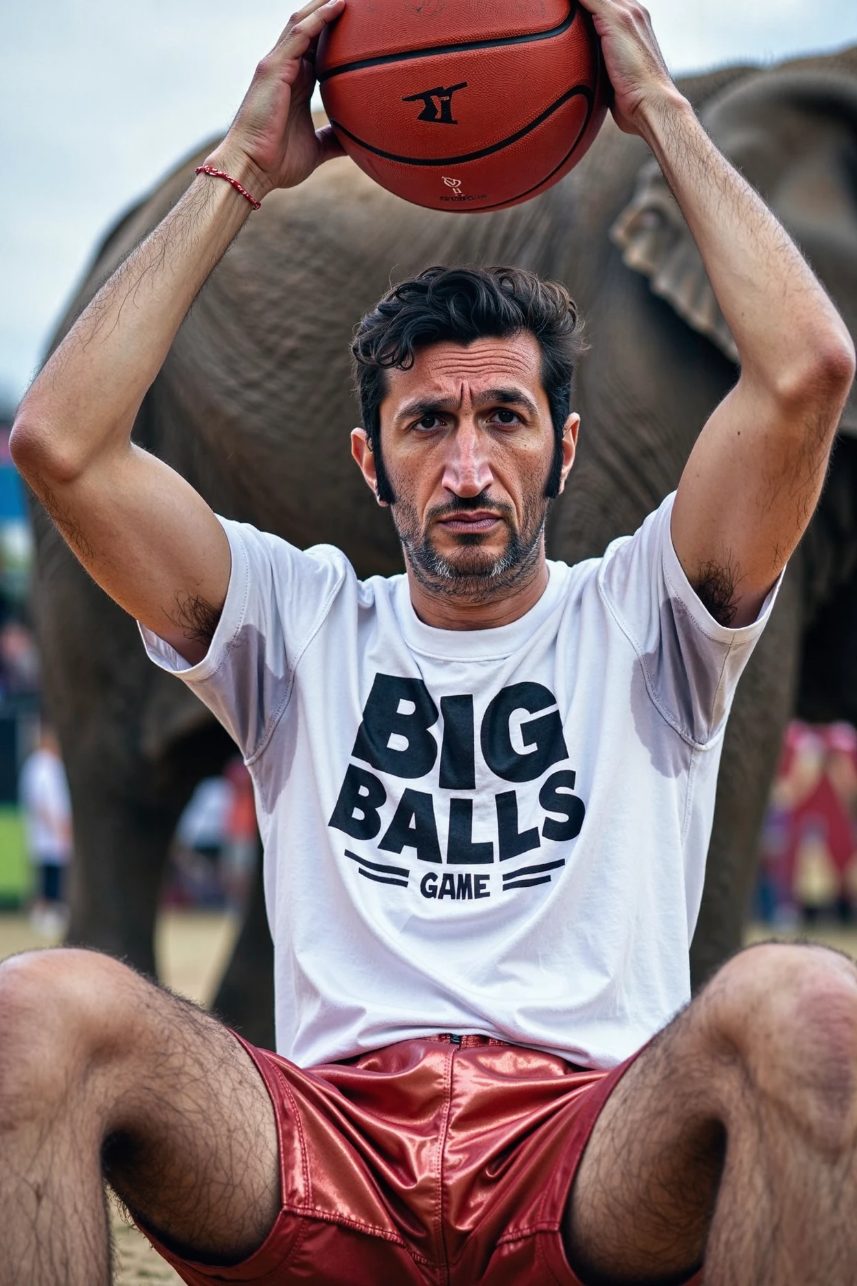 A high quality sony_a7III professional style cinematic HD photo. The background is on focus sharp and clear a circus at daylight, an arena with an elephant behind him. The foreground is Fares Fares sitting with his legs wide open, the picture is shot in a POV between his legs, he is holding with both his hands a big red basketball way up above his head showing his hairy armpits to the camera. His body skin is shining with sweat. Fares Fares is wearing a white t-shirt with sweat large wet sweat-spots-smudges on armpit on the shirt underarm area, on the shirt near his navel is a phrase stylized with bold big words "Big Balls Game". He is wearing a neon red metallic shorts. Fares Fares face is serious with prominent long thick sideburns, clean-shaven cheeks, smooth chin, smooth upper lip. The lighting is natural and diffuse, illuminating everything evenly. <lora:flux\my\Fares\Fares Fares Flux v1-000007.safetensors:1.37:1.37> <lora:flux\sports_photography_flux_000013300.safetensors:0.15:0.15> <lora:flux\Sony_a7_III.safetensors:0.7000000000000001:0.7000000000000001> <lora:flux\Anti-BlurFLUX.safetensors:0.2:0.2> <lora:flux\clothes\Sweaty Shirt Flux v6 rmrg_preset8.safetensors:0.92:0.92> <lora:flux\clothes\Sweaty Shirt flux v5.5 rmrg_preset7.safetensors:0.48:0.48>