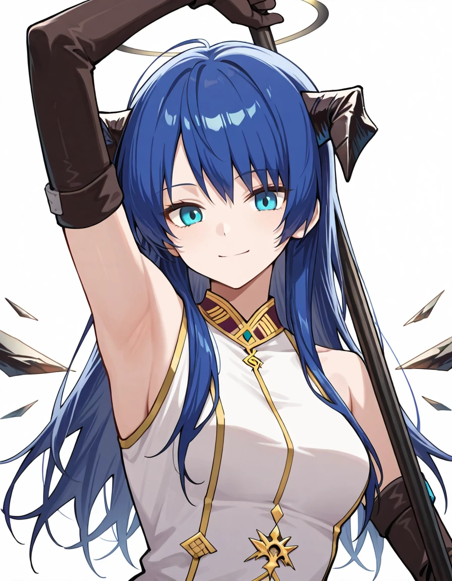 Volumetric Lighting, (masterpiece), (best quality), (ultra-detailed), masterpiece, source_anime, score_9, score_8_up, score_7_up BREAK, illustration, disheveled hair, detailed eyes, perfect composition, moist skin, intricate details BREAK, light depth, detailed face, detailed fingers, BREAK, mostima (arknights), long hair, blue hair, blue eyes, mosti horns, sankta wings, detached wings, mosti halo, black halo BREAK, spellbreaker,SB dress, SB gloves,elbow gloves, BREAK, ((white background)), looking at viewer, smile, upper body, arm up, detailed eyes, armpit, holding staff, one arm up holding staff, staff on back, right arm up, right hand holding staff