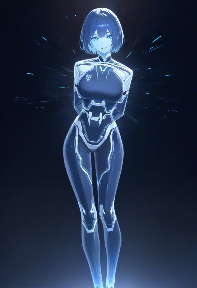 masterpiece, best quality, amazing quality,
1girl, solo, USTheWeapon, blue skin, holographic girl,
standing, arms behind back, hands behind back,
facing viewer, looking at viewer,
light smile, parted lips,
dark background,
<lora:USTheWeapon:1>,