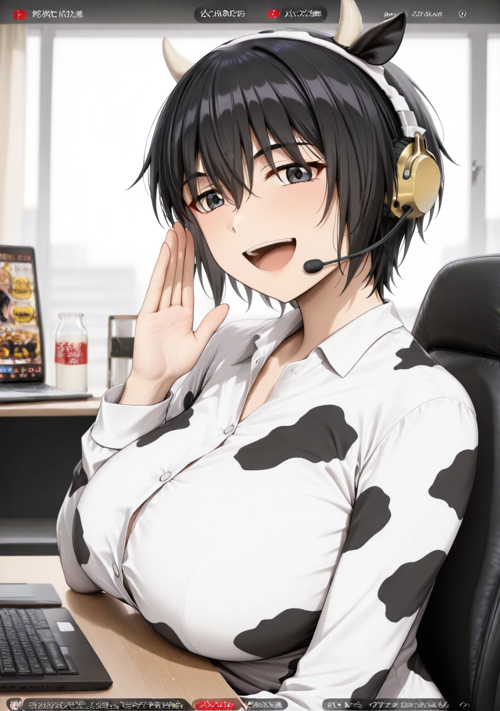 masterpiece, best quality, absurdres, perfect lighting,shiny skin,<lora:StS-Illustrious-Detail-Slider-v1.0:3>,<lora:illustrious_noobai_epsilon_pred_1_best_quality_v1:1>,1girl,yukie,huge breasts,short hair,hair between eyes,black hair,black eyes,<lora:yukie:0.8>,collared shirt,cow print,long sleeves,gloves,depth of field,hand up, smile,laughing, milk bottle,
BREAK ((livestream,chat log)),chair,headset,looking at viewer,keyboard \(computer\),laptop,monitor,room,super chat,comment, <lora:live:1>