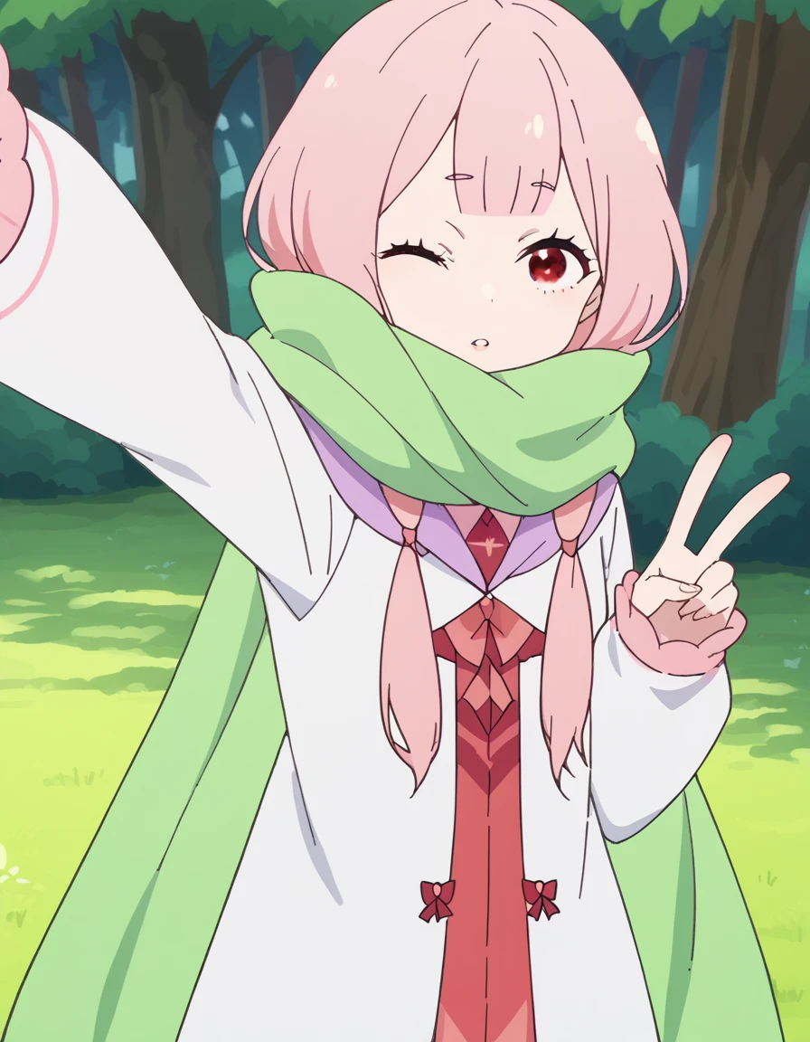 score_9, score_8_up, score_7_up, source_anime, <lora:rezero-carmilla-s2-ponyxl-lora-nochekaiser:1>, carmilla, red eyes, pink hair, anime screencap,, long sleeves, dress, scarf, coat, sleeves past wrists, green scarf, forest, trees, foliage, wildlife, greenery, , <lora:selfie-outstretched-arm-ponyxl-lora-nochekaiser:1> selfie, arm up, foreshortening, looking at viewer, outstretched arm, reaching, reaching towards viewer, v, parted lips, one eye closed, cowboy shot, looking at viewer, solo,, cowboy shot, solo